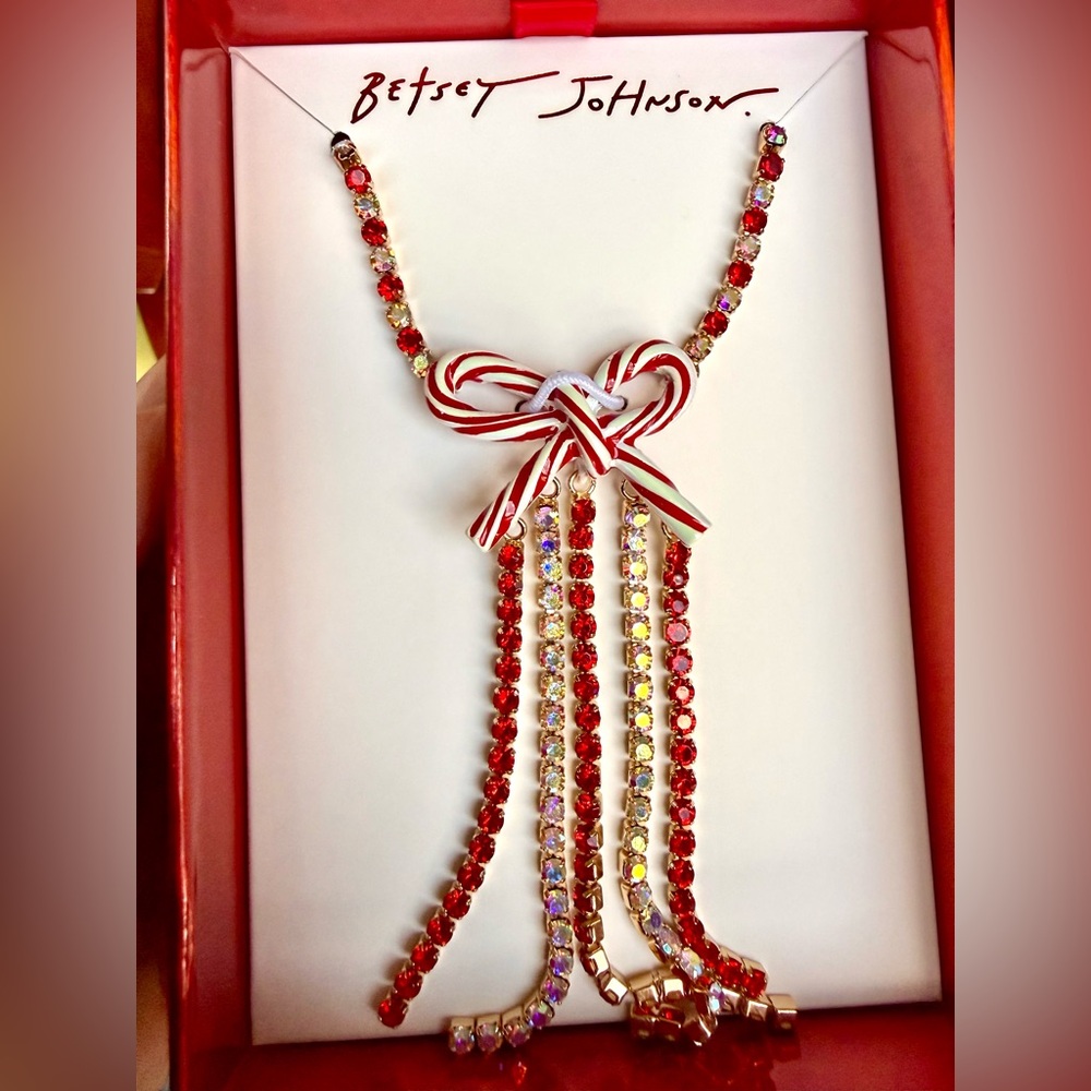 NIB Betsey Johnson candy cane bow Red and Gold Necklace, new in box.